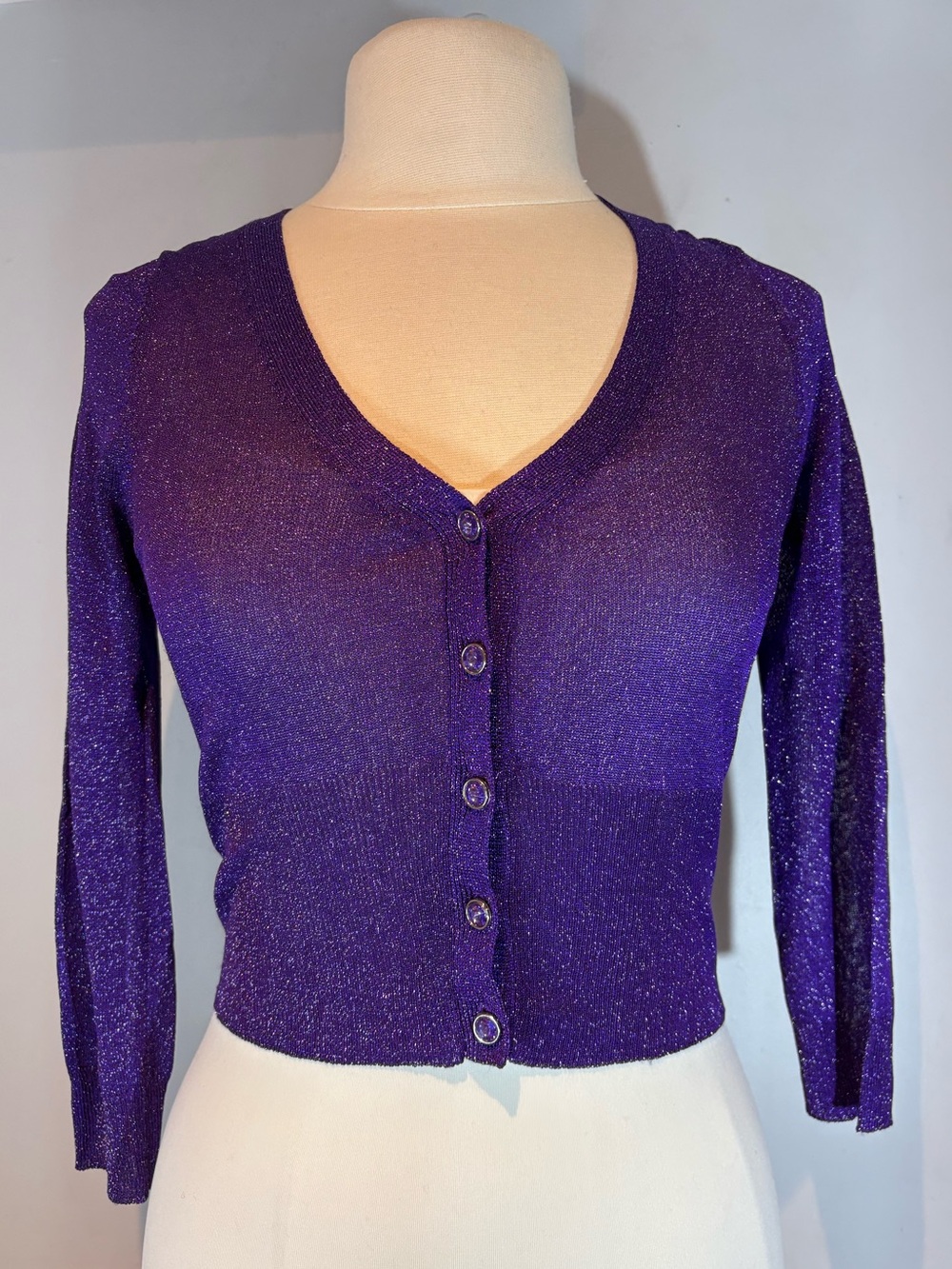 Betsey Johnson Metallic Purple Crystal Button Cardigan M